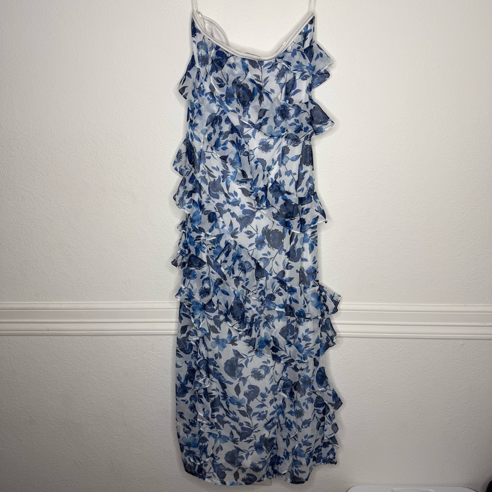 Anthropologie x BHLDN Blue Floral Ruffle Strapless Maxi Dress Size 6 - Picture 4 of 10